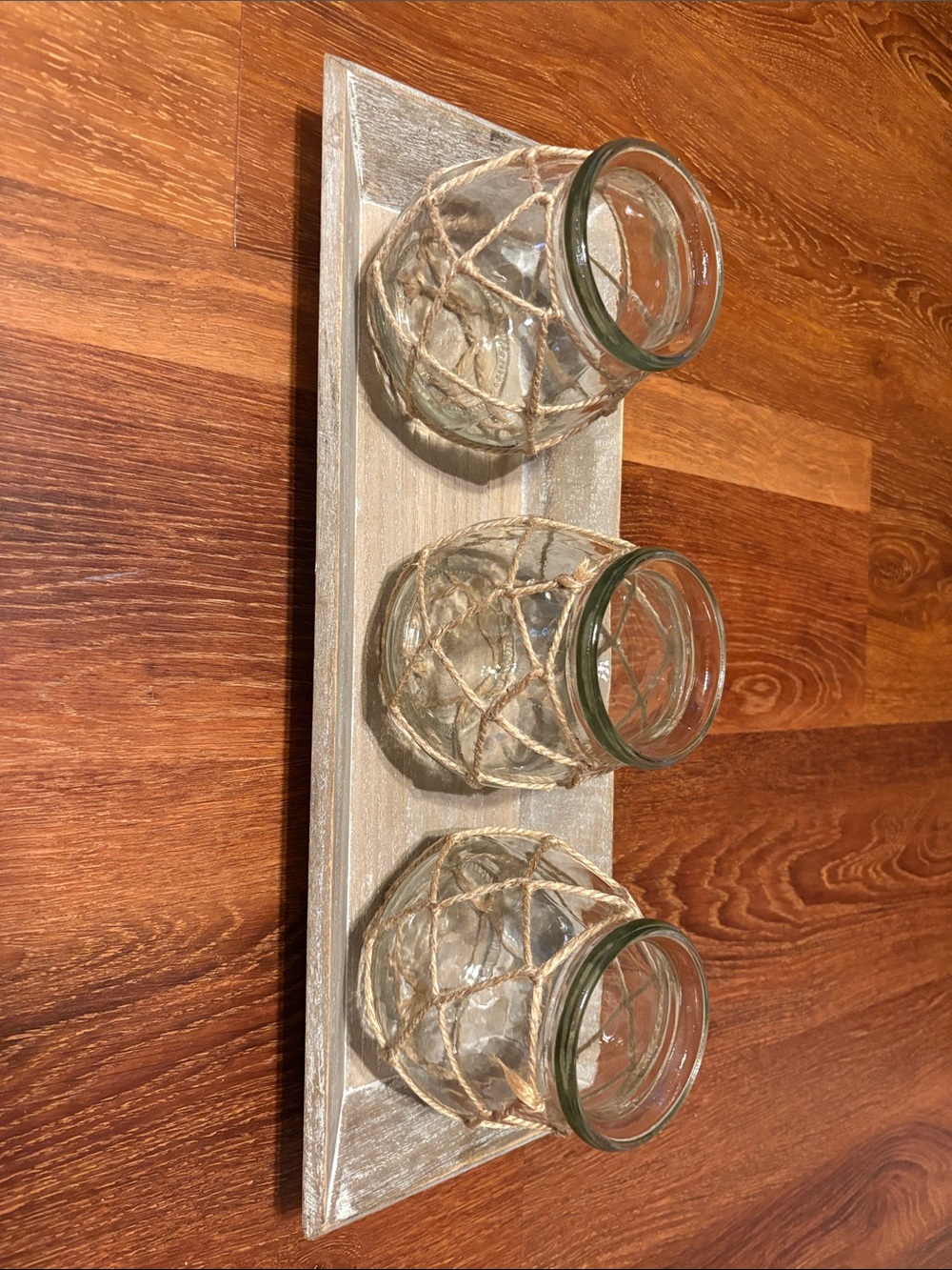 Rustic Glass Votive Trio with Twine on Distressed Tray